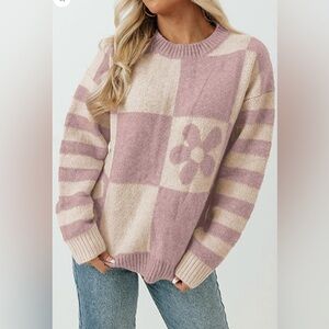 Orchid Petal Checkered Floral Print Striped Sleeve Sweater